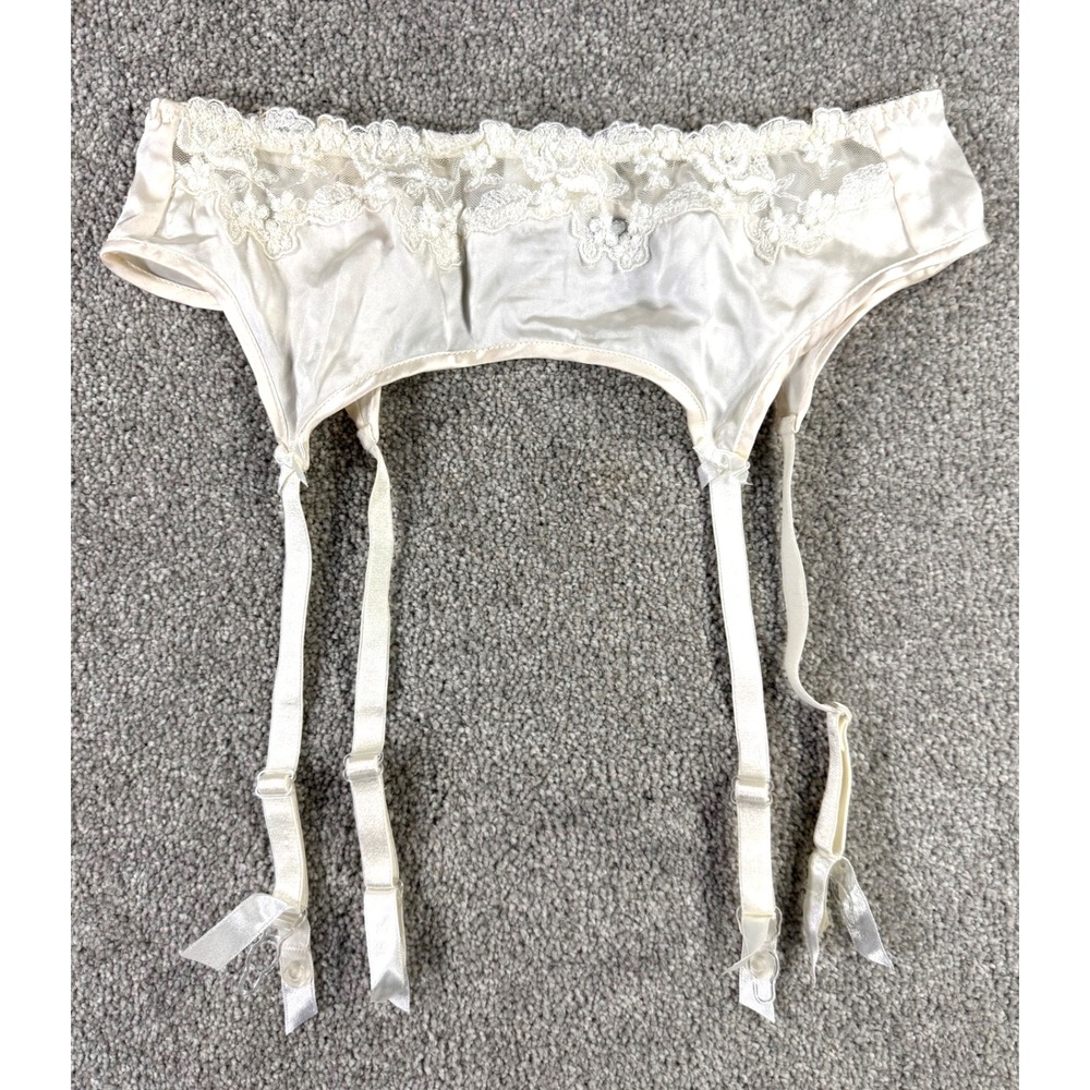 Victoria's Secret Ivory 100% Silk Lace Trim Garter Belt Small Floral Bows Ivory - Picture 1 of 6
